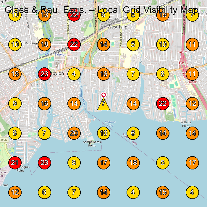 Glass & Rau, Esqs. Legal Services GeoGrid ranking map for Babylon NY